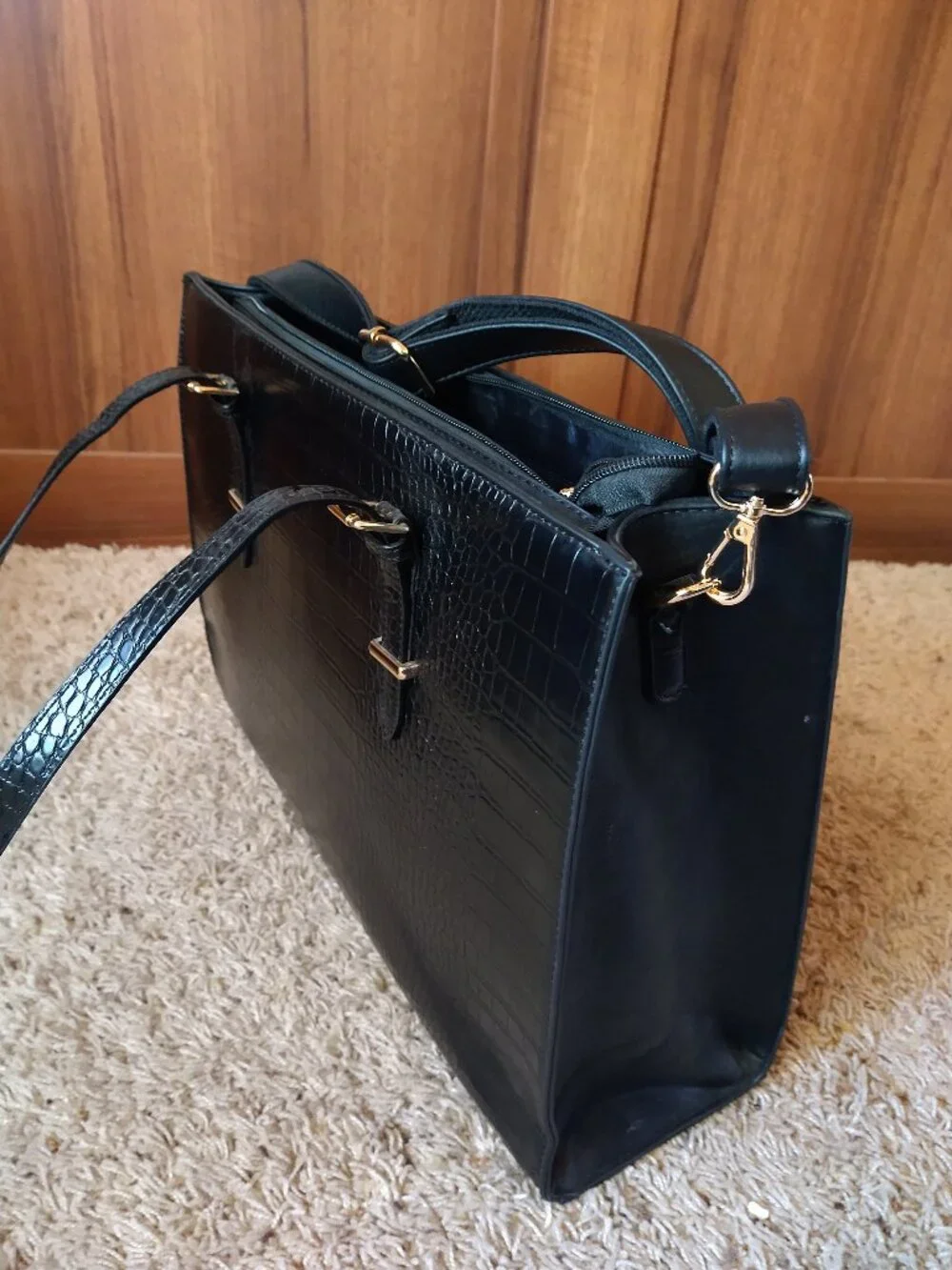 Black Crocodile Embossed Laptop Tote Bag with Strap